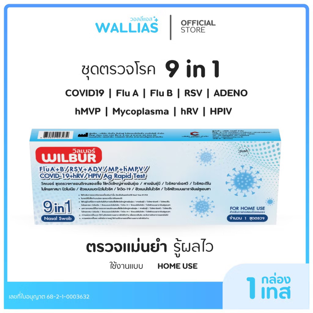 ชุดตรวจไข้หวัดใหญ่ Wilbur 9in1 ชุดชุรวจหาเชื้อ 9 สายพันธุ์ Covid-19 ไข้หวัดA+B hMPV RSV+ADV HPIV ไมโครพาสม่า