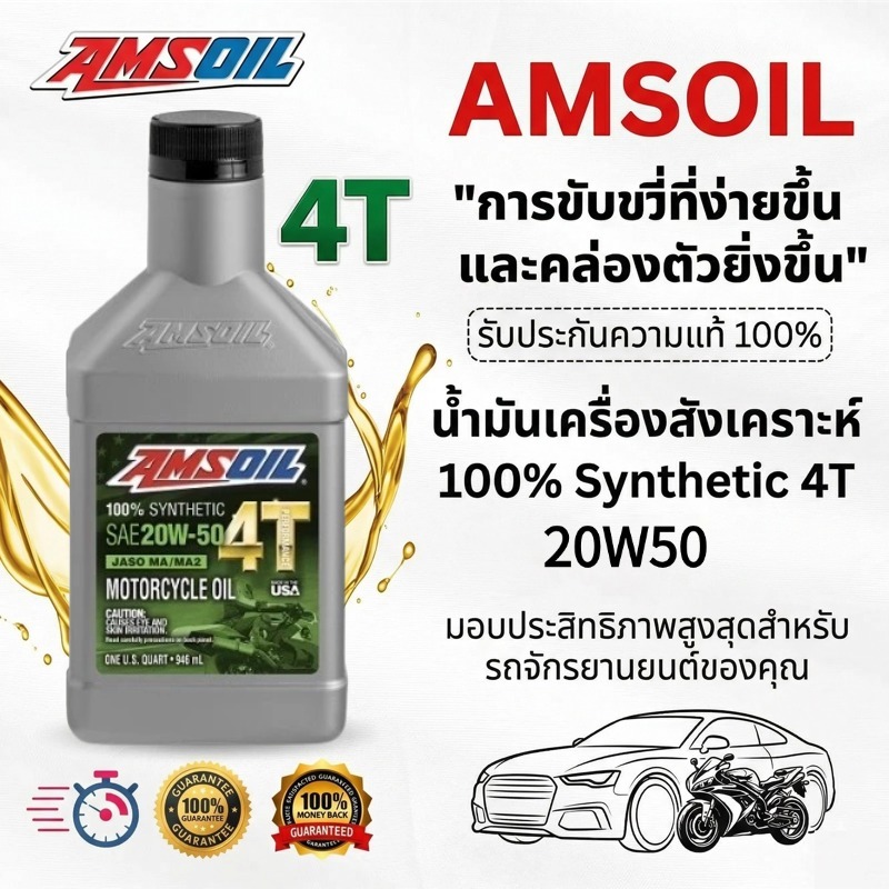 【ของแท้100%】น้ำมันเครื่องมอไซค์ Amsoil SAE 10W-40 20W-50 4T น้ำมันเครื่องสังเคราะห์ 100% 946ml ราคา ถูกที่สุด ดีลบีเคเค