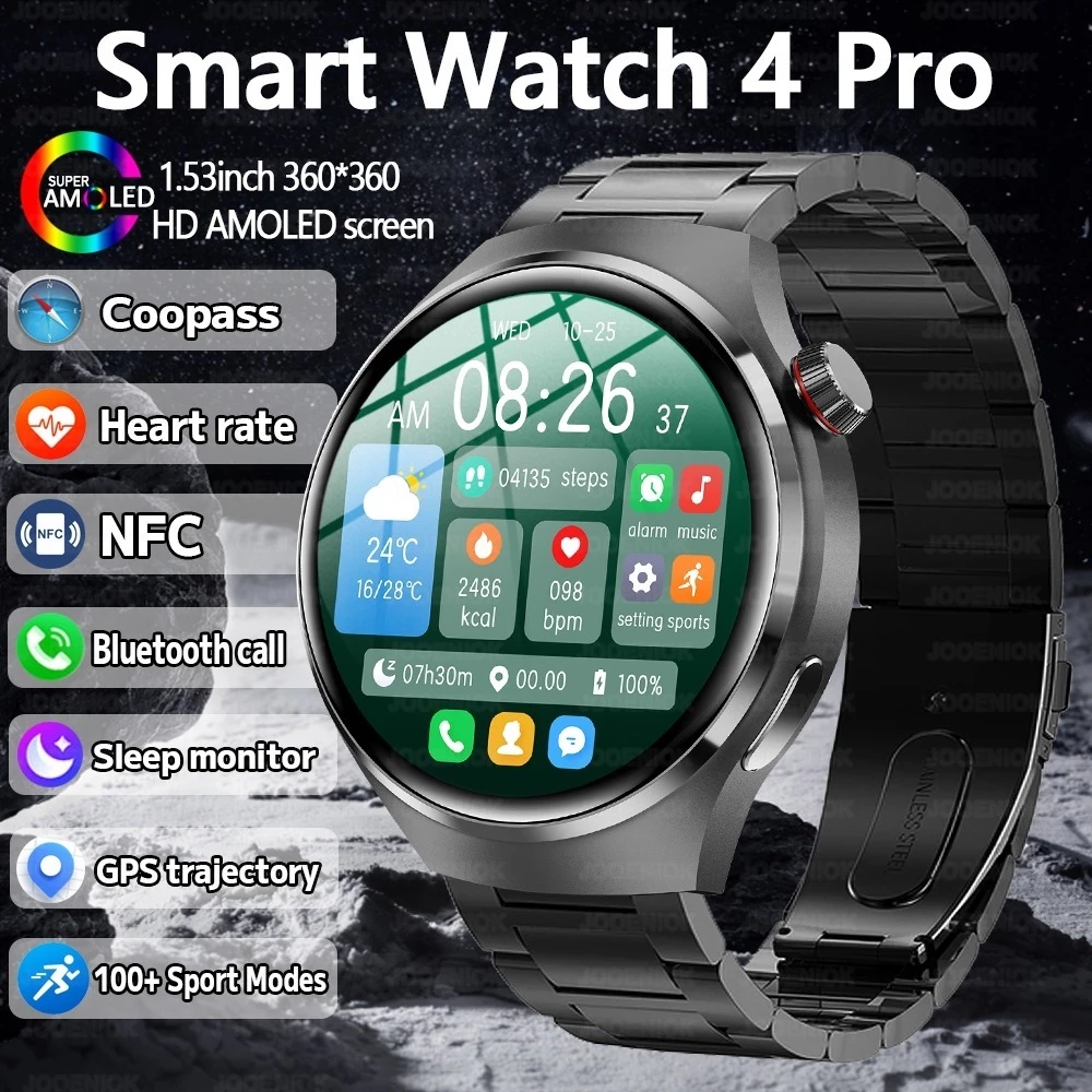 2025 New Watch 4 Pro NFC GPS Smart Watch Men 1.53-inch AMOLED Display 100+ Sports Modes Bluetooth Call High-end Smartwat