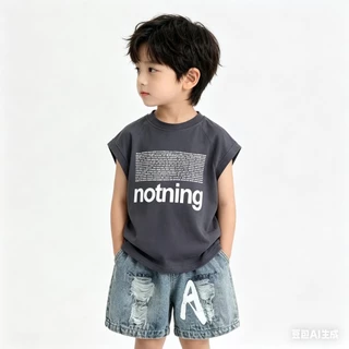 BB243 ชุดเด็กผู้ชาย เสื้อแขนกุดสีเทา กางเกงยีนส์ขาสั้น ลุคเท่