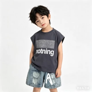 BB243 ชุดเด็กผู้ชาย เสื้อแขนกุดสีเทา กางเกงยีนส์ขาสั้น ลุคเท่