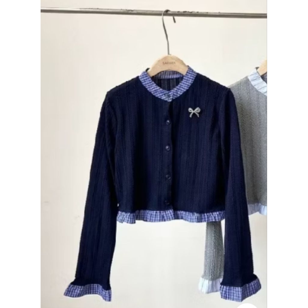 cicishop-เสื้อแขนยาวไหมพรมสีน้ำเงิน