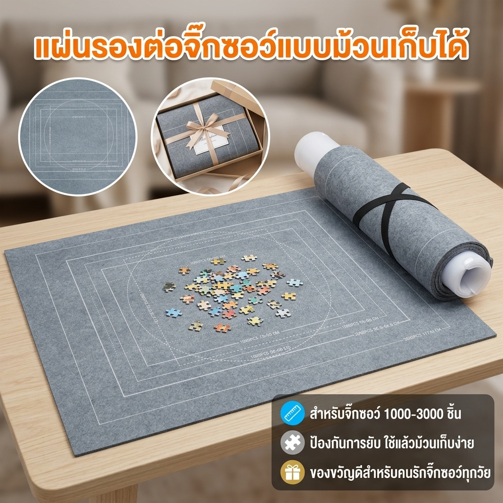พรมรองเล่นจิ๊กซอว์แบบม้วนเก็บได้ ทำจากผ้าสักหลาดนุ่ม ป้องกันพื้นผิวโต๊ะและช่วยให้เก็บชิ้นส่วนจิ๊กซอว์ได้เป็นระเบียบไม่หา