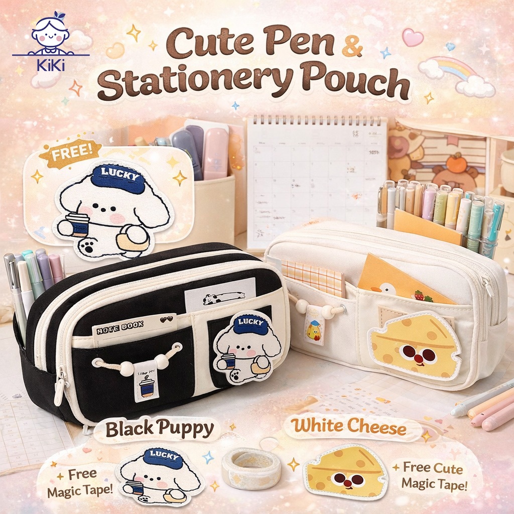 KiKi กระเป๋าดินสอลายน่ารัก กระเป๋าเครื่องเขียน ซิปคู่ พกพาง่าย แถมตีนตุ๊กแกการ์ตูนน่ารัก