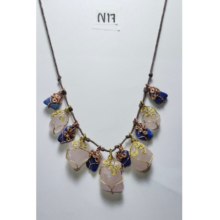 N17สร้อยคอพลอยโรสควอส/ลาพิสลาซูลีดัดลายลวดทองแดง