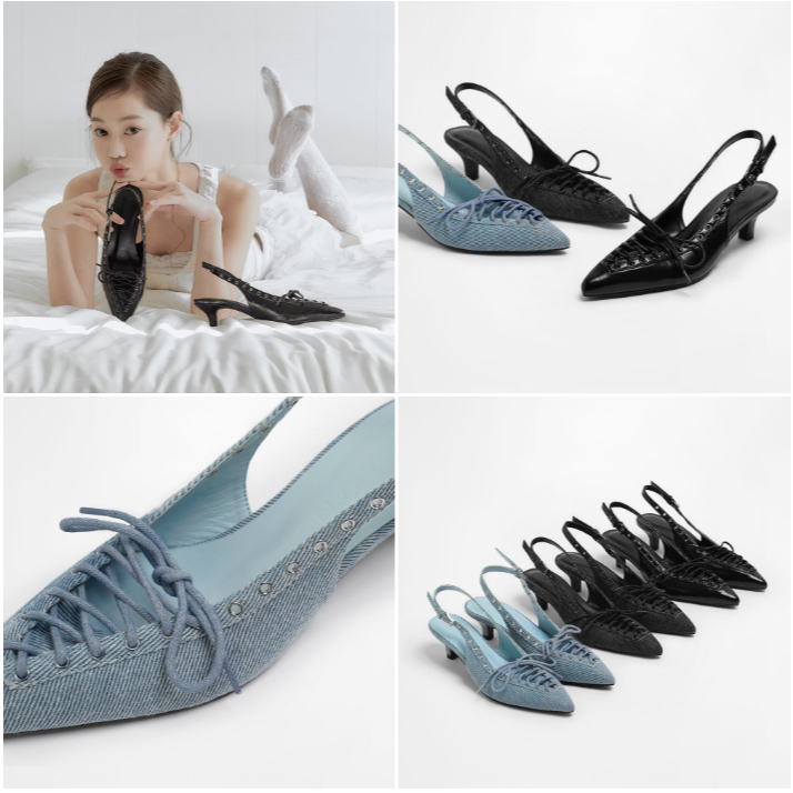 CHAAKAN [นำเข้าจากเกาหลี 100%] Shyler Lace-up Slingback รองเท้าส้นเตี้ยเปิดส้น หัวแหลม เชือกผูก ทรงเรียวหรู สไตล์เกาหลี
