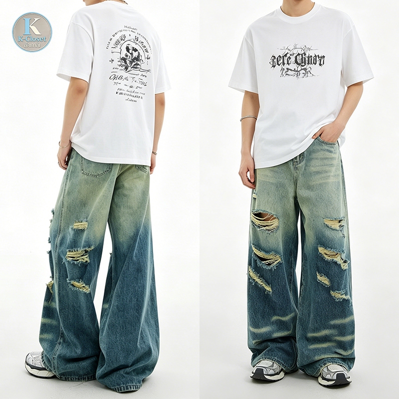 S-5XL Baggy กางเกงยีนส์ขาดๆ สไตล์เรโทรสตรีท ดีไซน์สีไล่ระดับ สไตล์ใหม่ที่เหมาะสำหรับทั้งผู้ชายและผู้หญิง