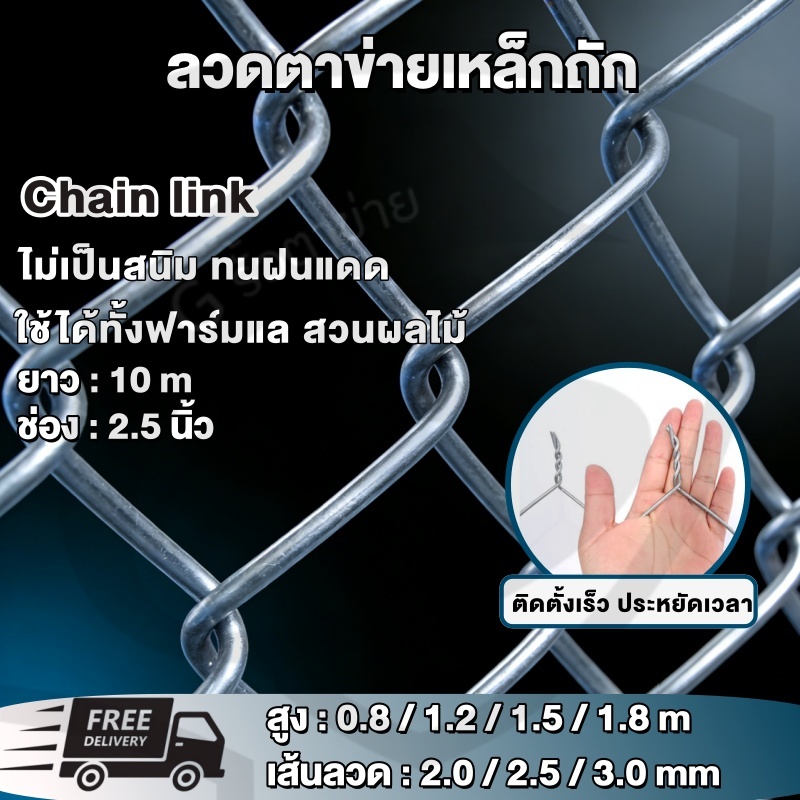 ลวดตาข่ายถัก Chain Link รั้วสำเร็จรูป ยาว10m สูง0.8-1.8m ลวดเหล็กชุบสังกะสี กันสนิม แข็งแรงทนทาน1