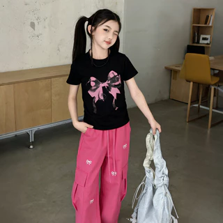 PRINCESS KESLI ชุดเซ็ตเด็ก เสื้อยืดเด็กผู้หญิง+กางเกงขากว้าง สไตล์เกาหลี ทรงหลวม แฟชั่นฤดูร้อน 4-18 ปี