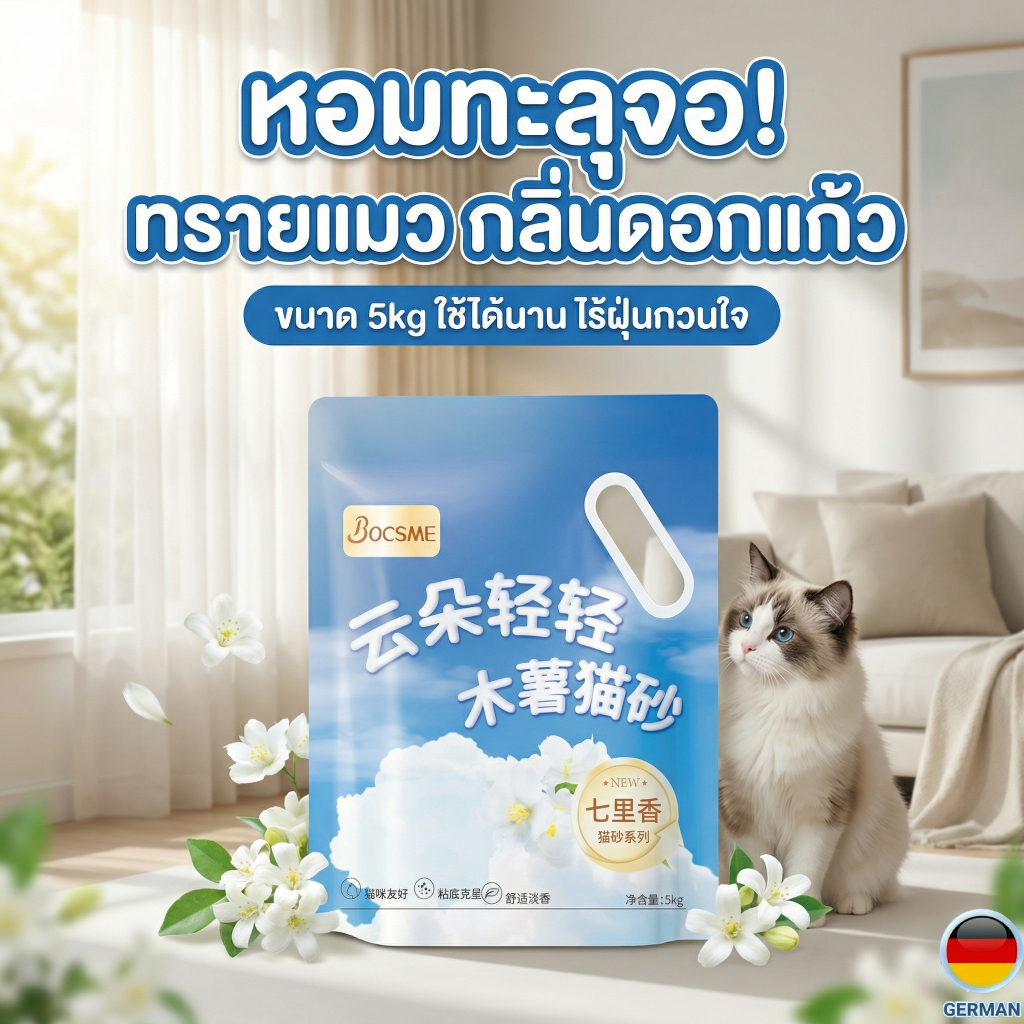 [แถมฟรีที่ตัก] BocsME ทรายแมวมันสำปะหลัง กลิ่นดอกแก้ว 5kg ไร้ฝุ่น จับตัวไว ทิ้งชักโครกได้