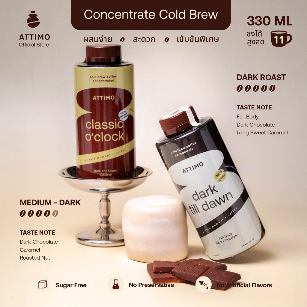 [เซตคู่] กาแฟสกัดเย็นเข้มข้น 2 ขวด ATTIMO Duo – Classic O’Clock + Dark Till Dawn