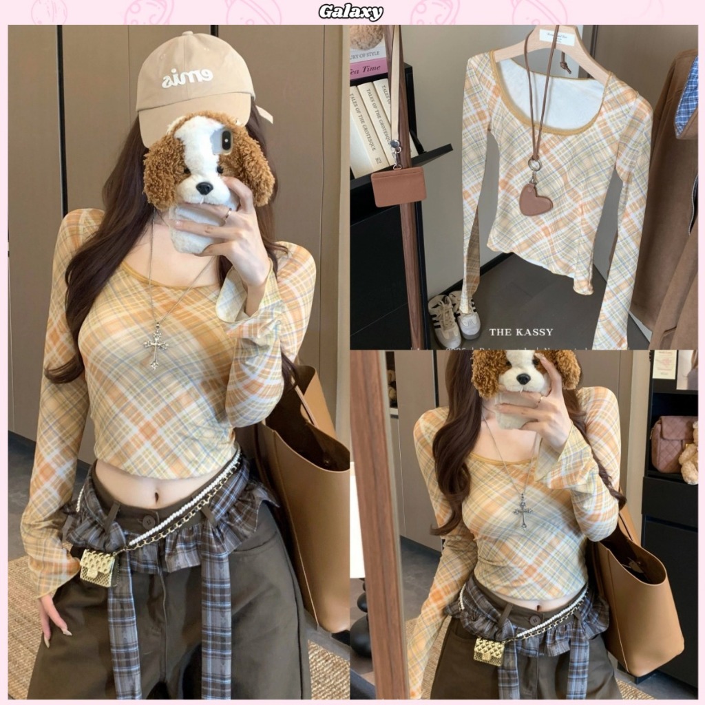 เสื้อแขนยาว เสื้อกันแดดผู้หญิง เซ็กซี่ ระบายอากาศดี รัดรูปผอม ลายสก็อตวินเทจ ใส่ได้ทุกวัน #020432