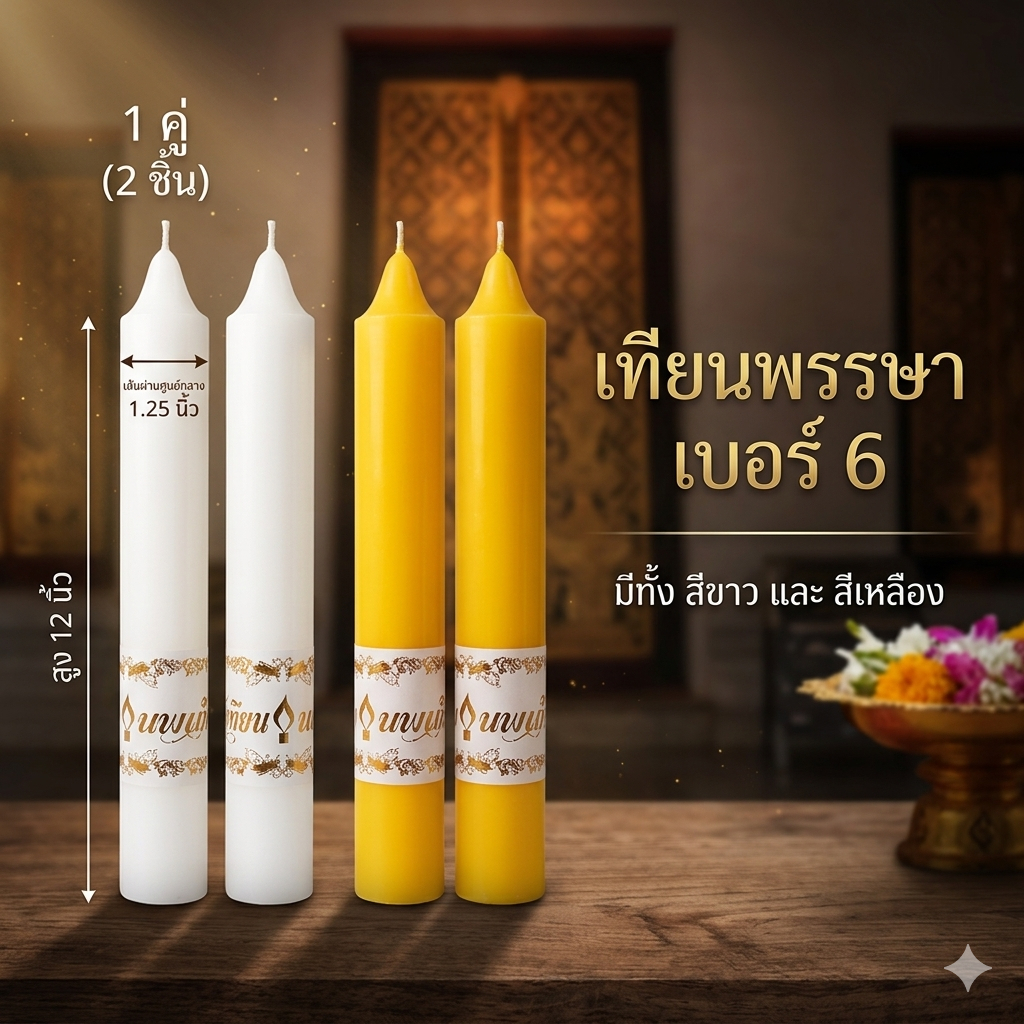เทียนพรรษา เบอร์ 6 สีขาว-สีเหลือง เทียนคู่ ขนาด 1.25 นิ้ว x 12 นิ้ว เทียนถวายวัด เทียนพรรษา