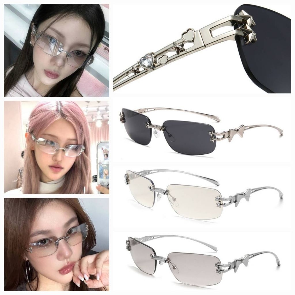 แว่นกันแดดแฟชั่น UV400 แว่นกันแดดสไตล์เกาหลี ลูกคุณหนูสายแฟ Rimless Crystal Star ขาแว่นประดับคริสตัล โบว์ ลายดาว หรูหวาน