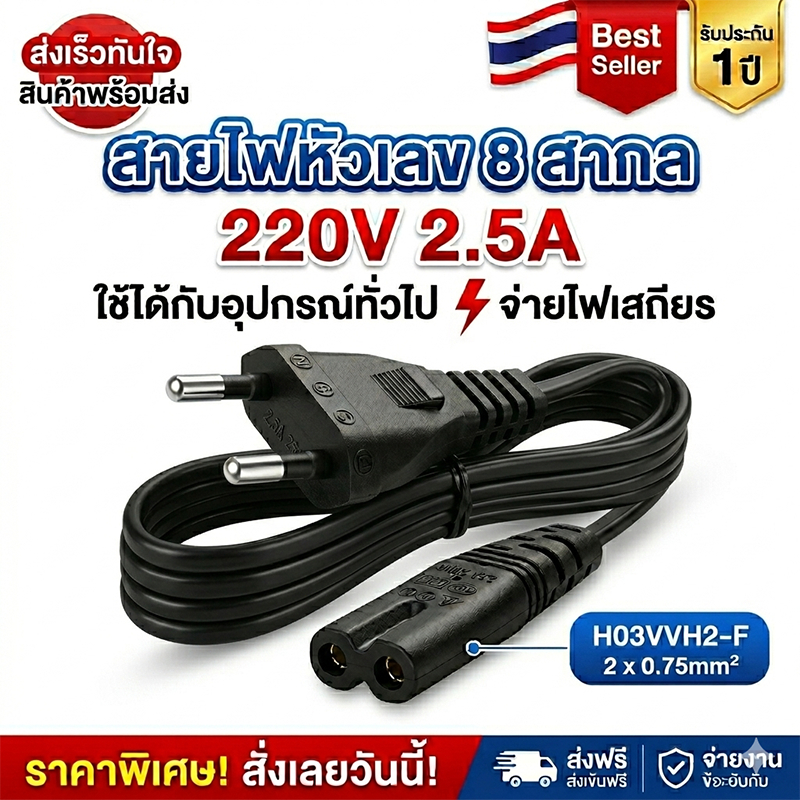 สายไฟเลข8 หัวแบน 2ขา มาตรฐานสากล ผ่าน3C แกนทองแดงแท้ ทนไฟ ไม่ร้อน ใช้กับทีวี เครื่องพิมพ์ PS4 หม้อหุงข้าว