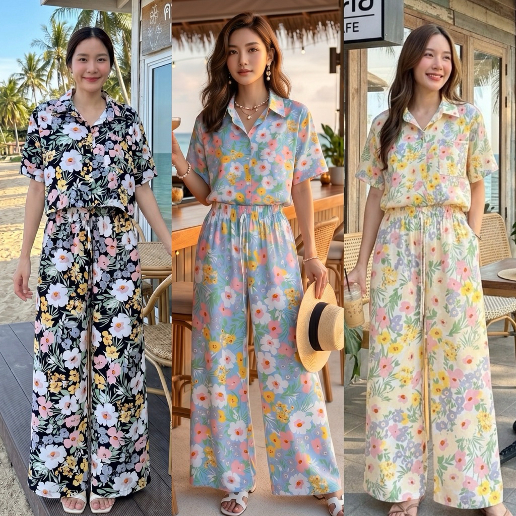 Silla กางเกงขายาว รุ่น F01 ลายดอกไม้ เนื้อผ้าไหมอิตาลี ผ้าพริ้วนุ่ม ใส่สบาย ลายสวย
