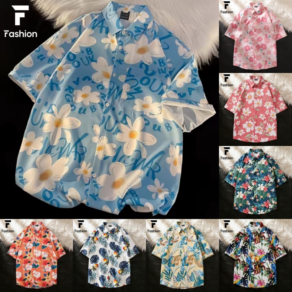 เสื้อเชิ้ตแขนสั้น Unisex แต่งได้หลายสไตล์ ลายดอกไม้ภาพวาดสีน้ำมัน คู่รักก็ใส่ได้