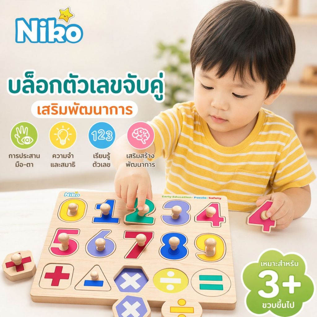 NIKO ABC Letter Digital Puzzle ของเล่นไม้สำหรับเด็ก ตัวเรียงลำดับตัวอักษร ตัวเลข กระดานจิ๊กซอว์ ของเล่นเพื่อการศึกษาเบื้
