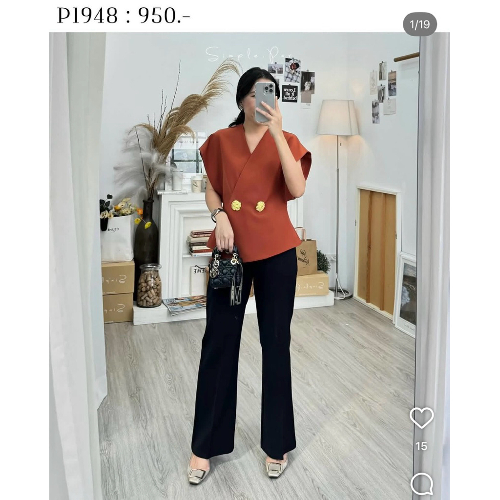 Simple par : เสื้อแขนล้ำทรงป้ายผ้าสูท สีส้ม M (New)