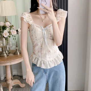 พร้อมส่งในไทย** เสื้อแขนกุด ลายลูกไม้ ผ้าชีฟอง เสื้อลูกคุณ สายหวาน Y336