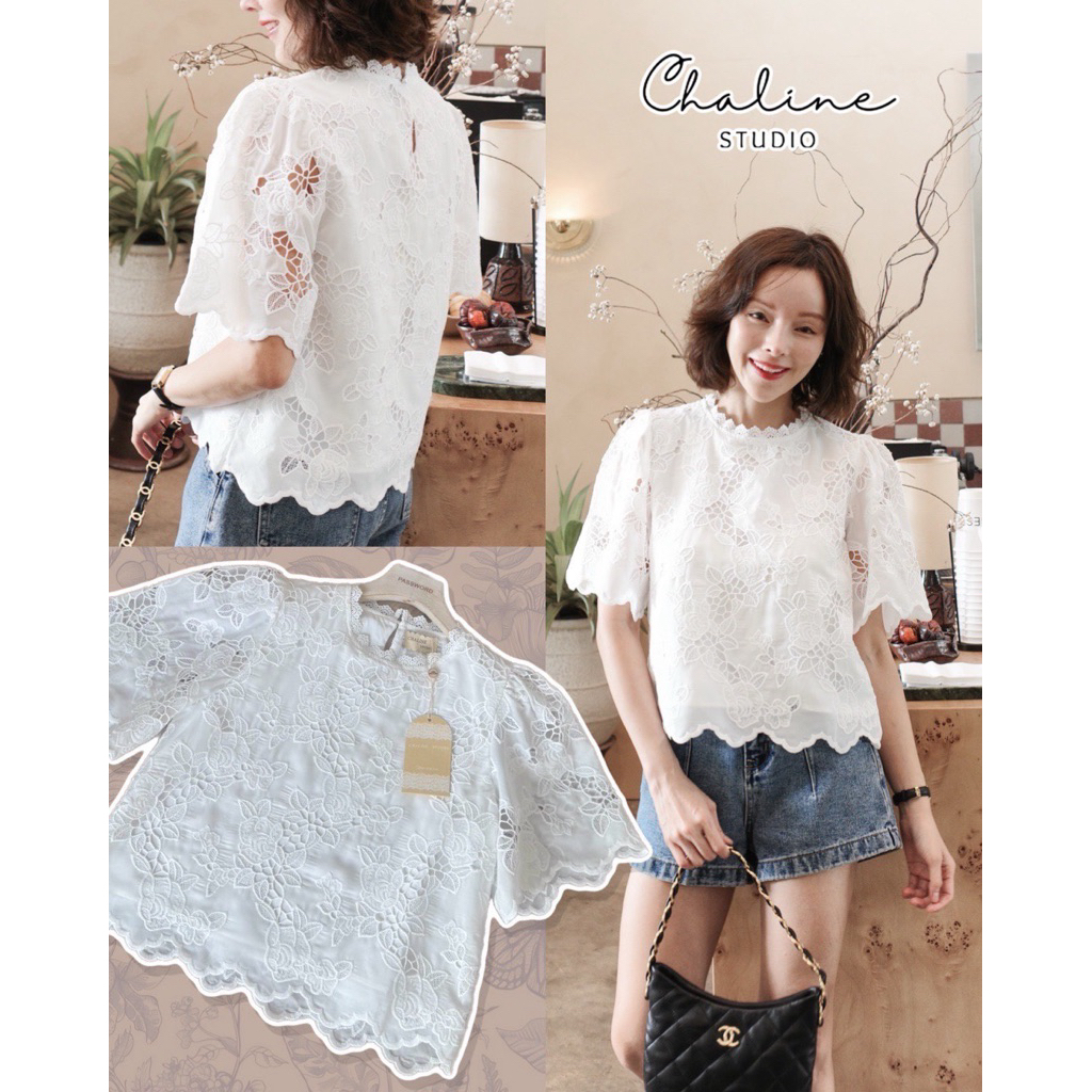 พร้อมส่ง Chaline  เสื้อแขนสั้น เนื้อผ้าลูกไม้คอตตอนปักลายดอกไม้เนื้อหนานุ่ม