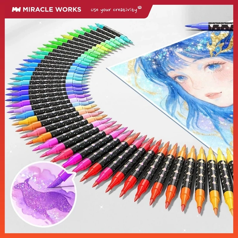 MW มาร์คเกอร์ 2 หัว ไฮไลท์ ชุดปากกามาร์กเกอร์กลิตเตอร์หัวคู่ 24/48/72/ สี พร้อมปากกาเน้นข้อความไฮไลต์สองหัว เครื่องเขียน