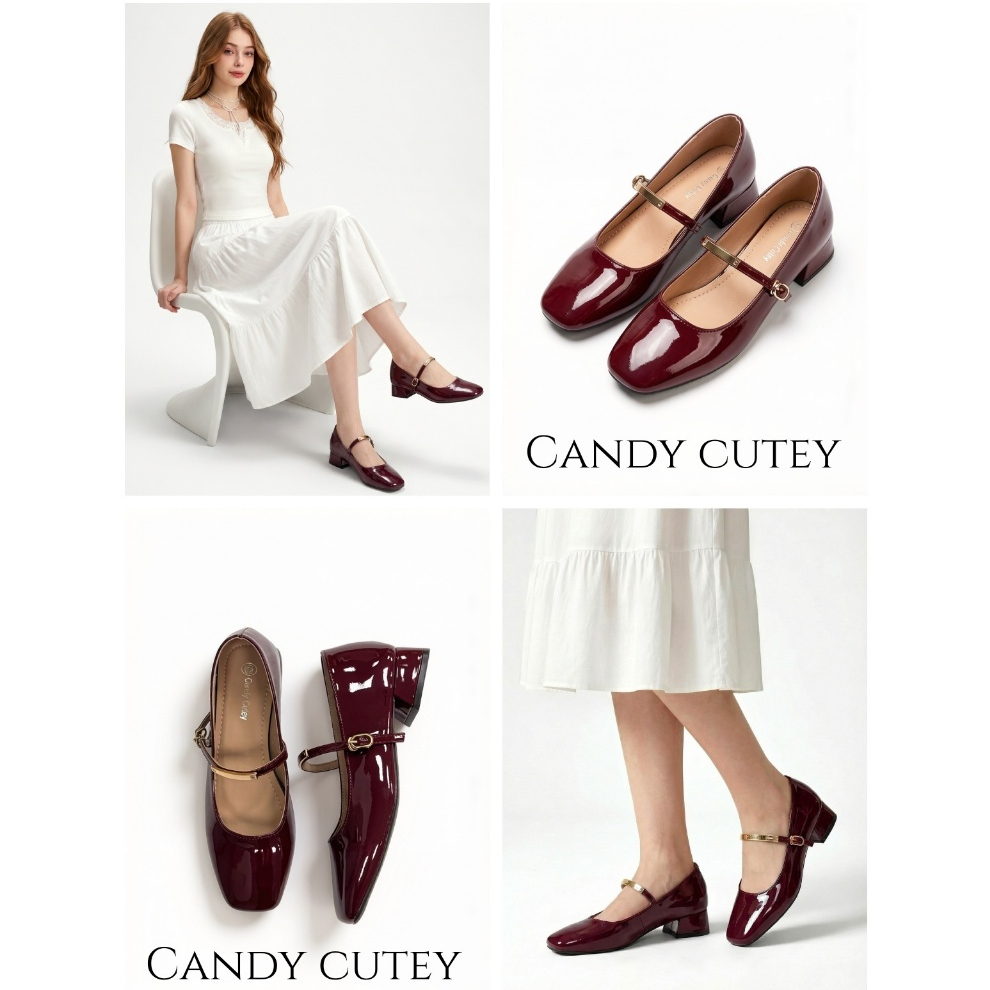 Candy Cutey Glossy Mary Jane หนังแก้วเงาสวย หัวเหลี่ยมเรียบหรู สายคาดโลหะ ใส่สบาย
