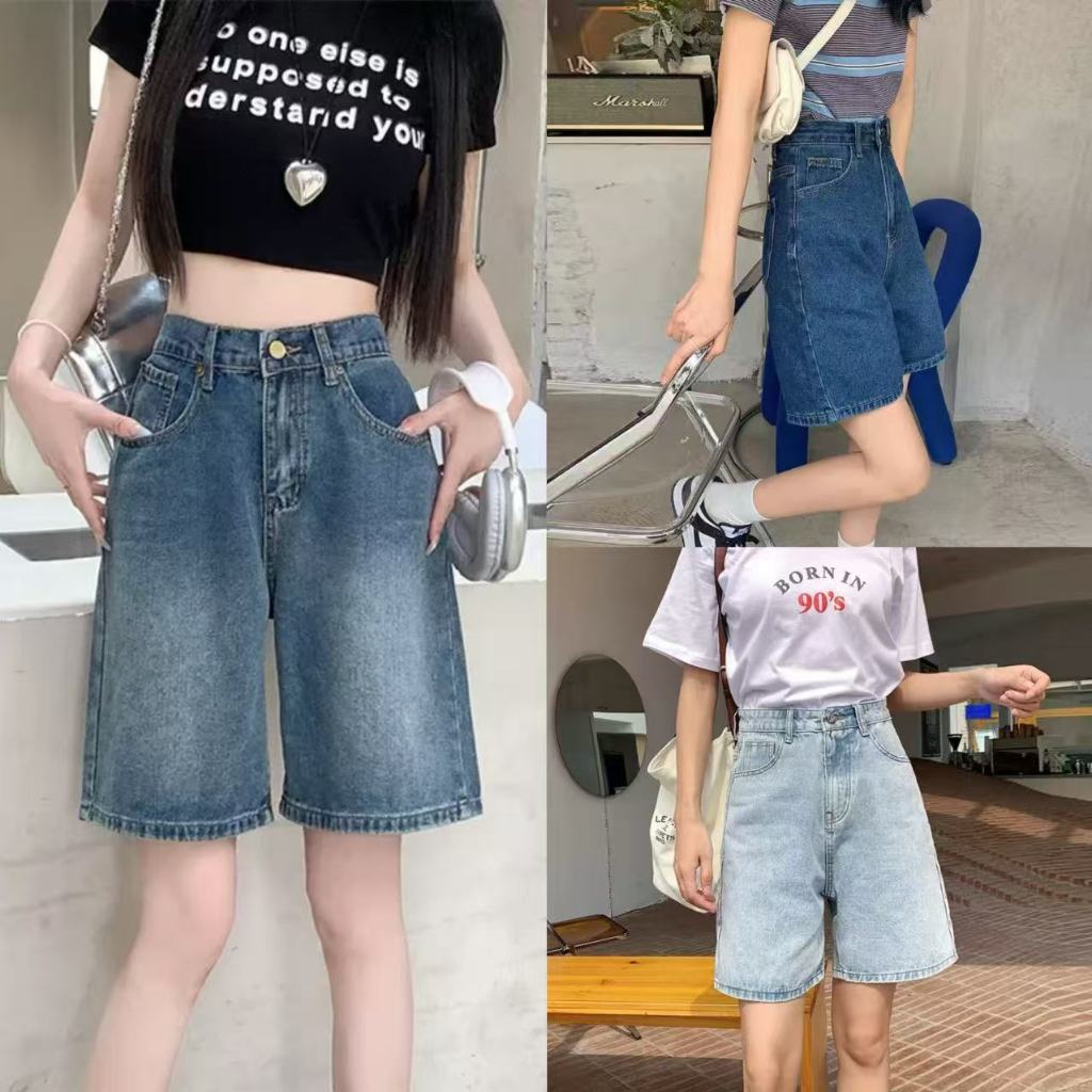 กางเกงยีนส์ขาสั้นเอวสูงผู้หญิง ขากว้างตรง ไม่รัดสะโพก สีกรมท่าใส่สบาย สไตล์เกาหลี