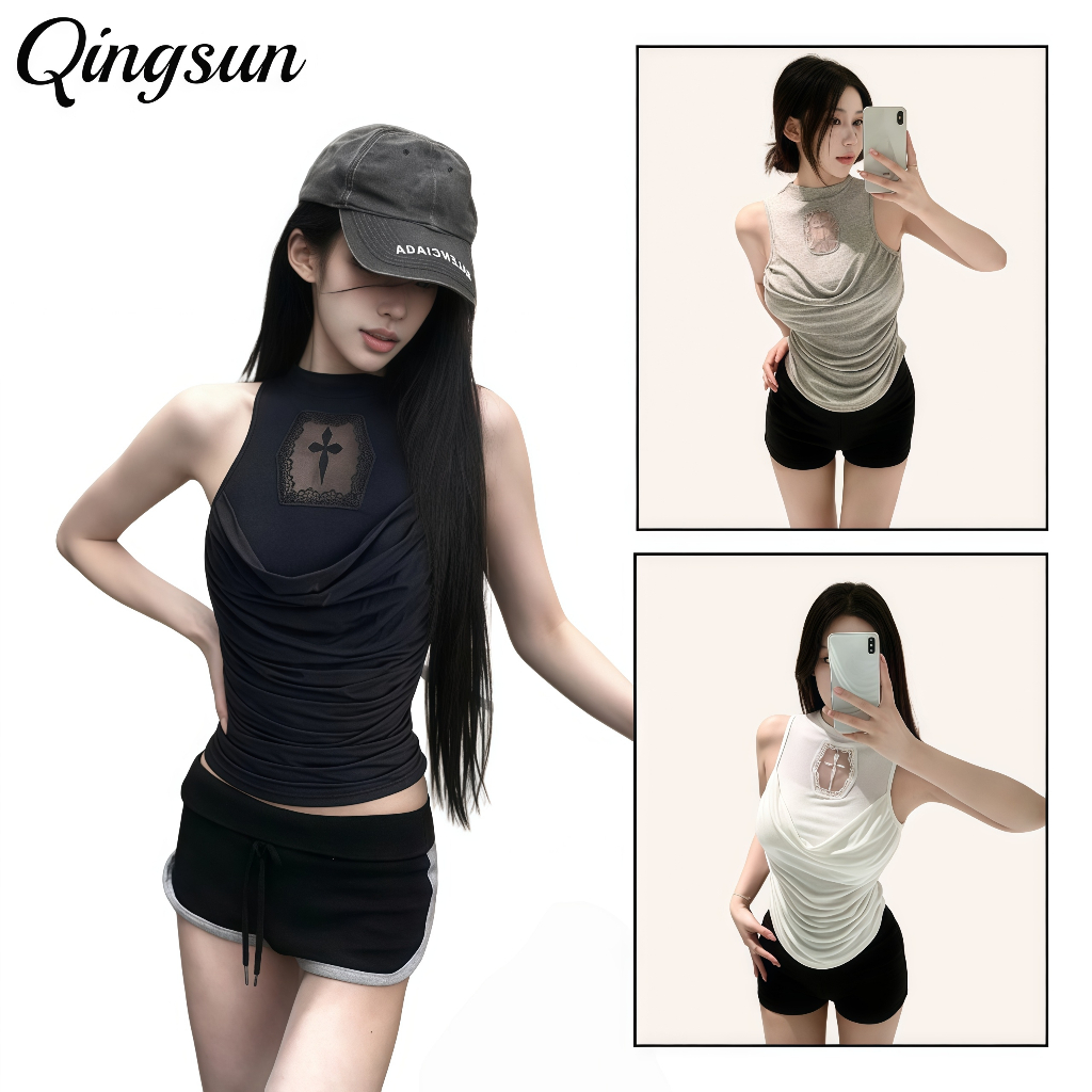 Qingsun เสื้อกล้ามผู้หญิงเซ็กซี่เว้าไหล่ลายไม้กางเขน ผ้าตาข่ายดีไซน์จับจีบ ผ้าสบาย เหมาะสำหรับฤดูร้อน FY2948-0