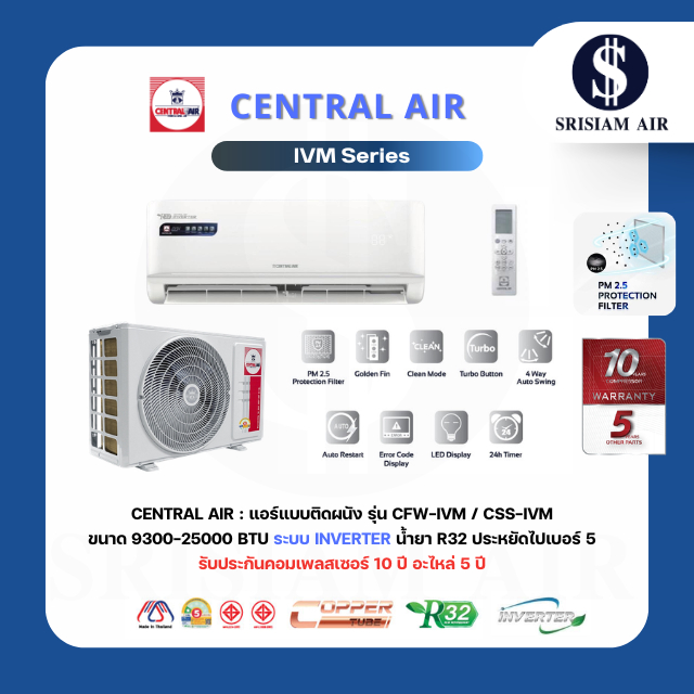 Central Air IVM SERIES แอร์ติดผนังระบบ Inverter ขนาด 9,300 - 25,000BTU รุ่น CFW/CCS-IVM พร้อมท่อทองแดง 4เมตร