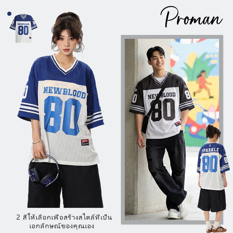 PROMAN เสื้อวินเทจอเมริกัน ฤดูร้อน ลายทางสีต่อ พิมพ์ตัวอักษร ทรงหลวม ใส่ได้ทั้งชายหญิง