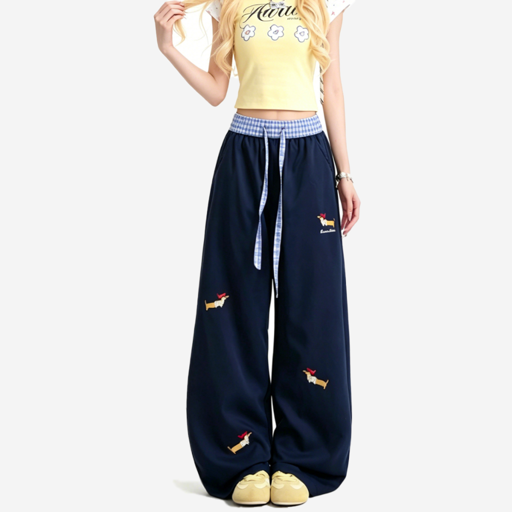 กางเกงผู้หญิงเอวสูง ขากว้าง กางเกงปักลายน้องหมาใส่สบาย พรางหุ่น ขายาวดูสูง กางเกงลำลองแมทง่าย ใส่ได้ทั้งชายและหญิง