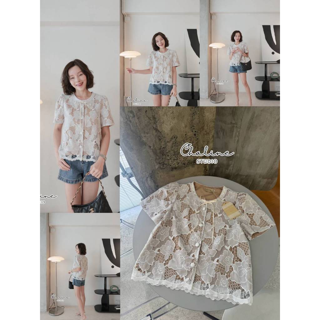 •CHALINE STUDIO• P&C 53170 เสื้อแขนสั้น เนื้อผ้าลูกไม้คอตตอนปักฉลุลายดอกไม้ เล่นสีซับใน ออกมาสวยแกลม