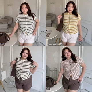 GINA TOP เสื้อยืดแขนสั้นลายทางกระดุมหน้า เย็บแต่งงานอะไหล่ (Size M,L) ผ้าร่องนิ่มยืดได้เยอะใส่สบาย AOMMKOSHOP-118