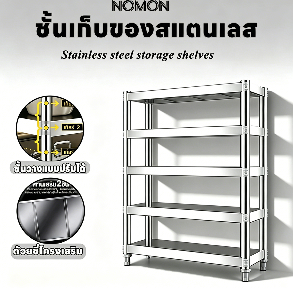 ชั้นเก็บของสแตนเลส ชั้นวางของในครัว 3/4/5ชั้น รับน้ำหนัก 300KG ปรับระดับได้ ติดตั้งง่าย แข็งแรง ทนสนิม ทนทานมาก