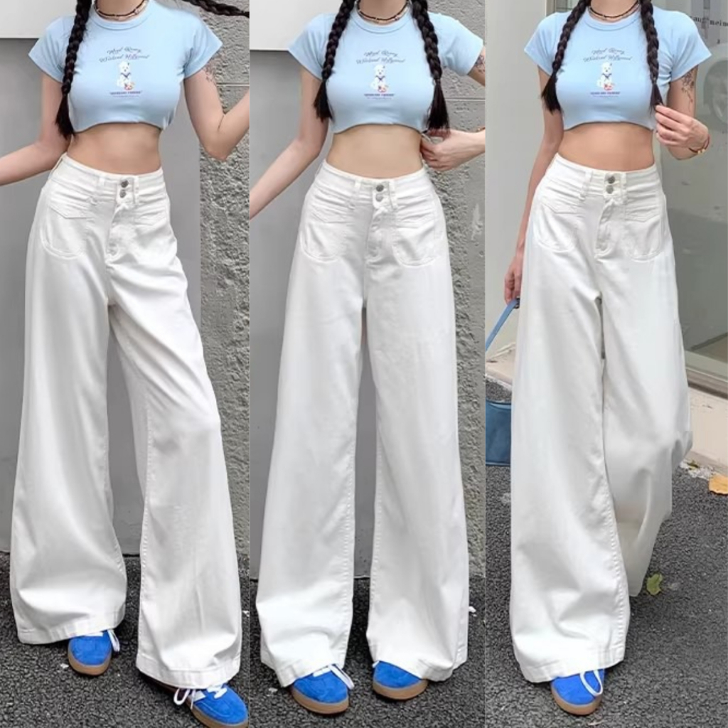 S~5XL White Baggy jeans Pocket-designed jeans กางเกงยีนส์ทรงตรงเอวสูงสุดอินเทรนด์ รุ่นใหม่ปี 2026กางเกงทรงหลวมและมีสไตล์