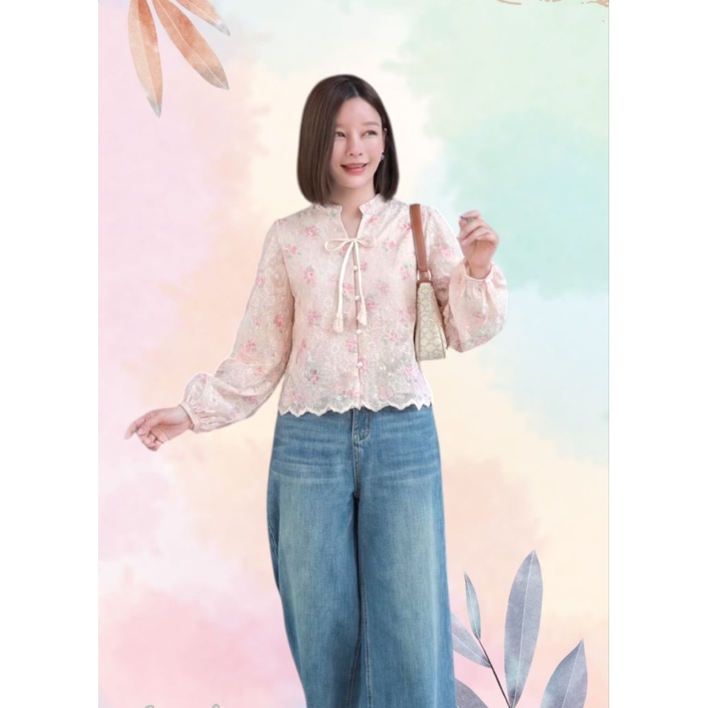 PASSWORD เสื้อปักลายสีชมพู คอโบว์