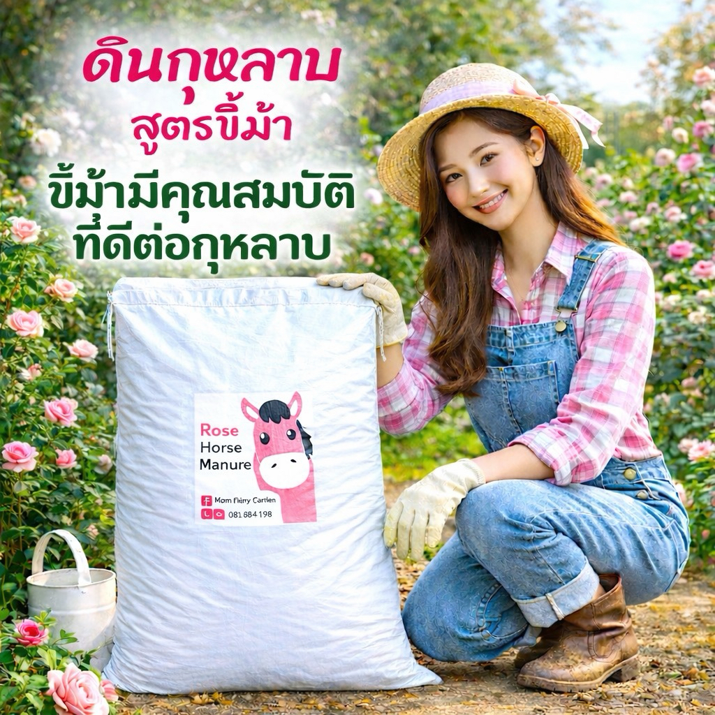 50L/14Kg ดินปลูกกุหลาบ ดินไม้ดอก สูตรขี้ม้า หมักชีวภัณฑ์กำจัดแมลงแล้ว มีผลตรวจพบธาตุอาหารสำหรับไม้ดอกสูง