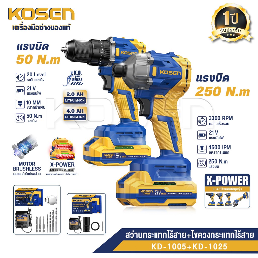 [KOSEN โปร 2 รุ่น] สว่านกระแทกไร้สาย รุ่น KD-1005+KD-1020 บล็อกแบตเตอรี่ไร้สาย 20V Brushless