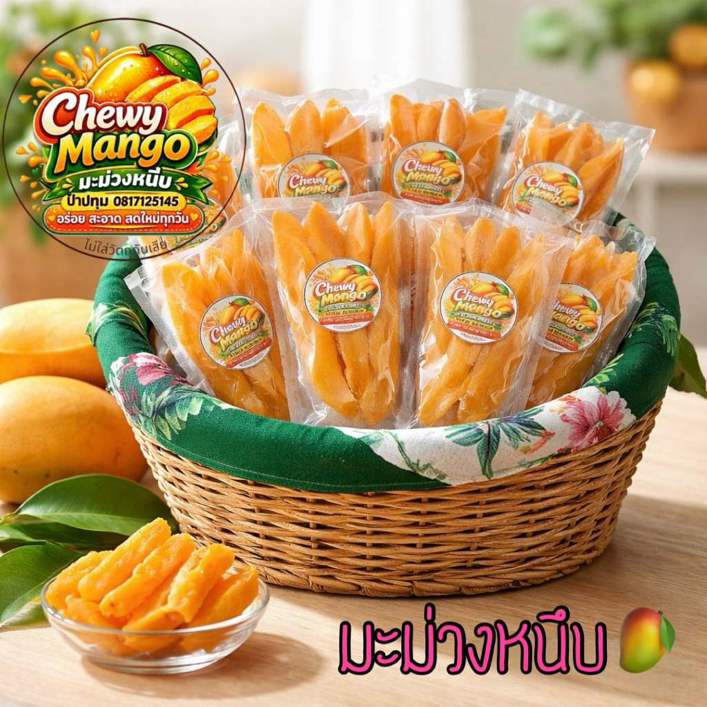 มะม่วงหนึบ Chewy Mango เนื้อมะม่วงแก้วขมิ้น ปรุงสดใหม่ ไม่ใส่วัตถุกันเสีย ขนาดบรรจุ 100 กรัม