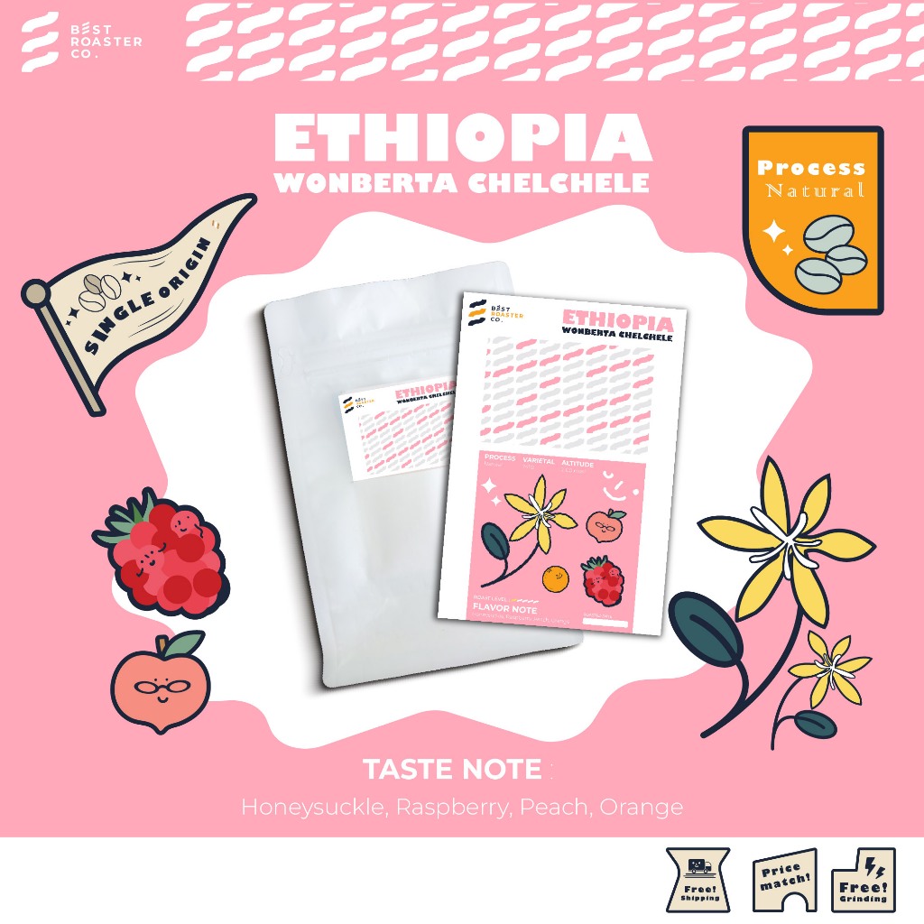 เมล็ดกาแฟคั่วอ่อน Ethiopia Wonberta Chelchele 74112 Natural process ขนาด 100 กรัม