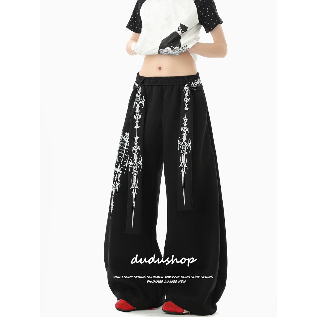 [Trendy printed wide leg pants]สตรีทสปอร์ตสไตล์วินเทจฮิปฮอปพิมพ์กางเกงลำลองขากว้างสำหรับผู้หญิง
