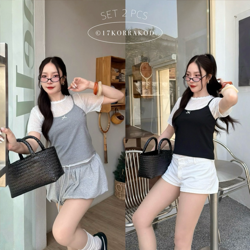 🌻เซต2ชิ้น สายเดี่ยวติดโบว์+เสื้อคอกลม สไตล์เกาหลีมินิมอล (Cookies bear)