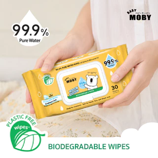 Baby Moby ผ้าเปียกสูตรน้ำบริสุทธิ์ 99.9% (ย่อยสลายได้) (30 แผ่น) (6 ห่อ แพคประหยัด)