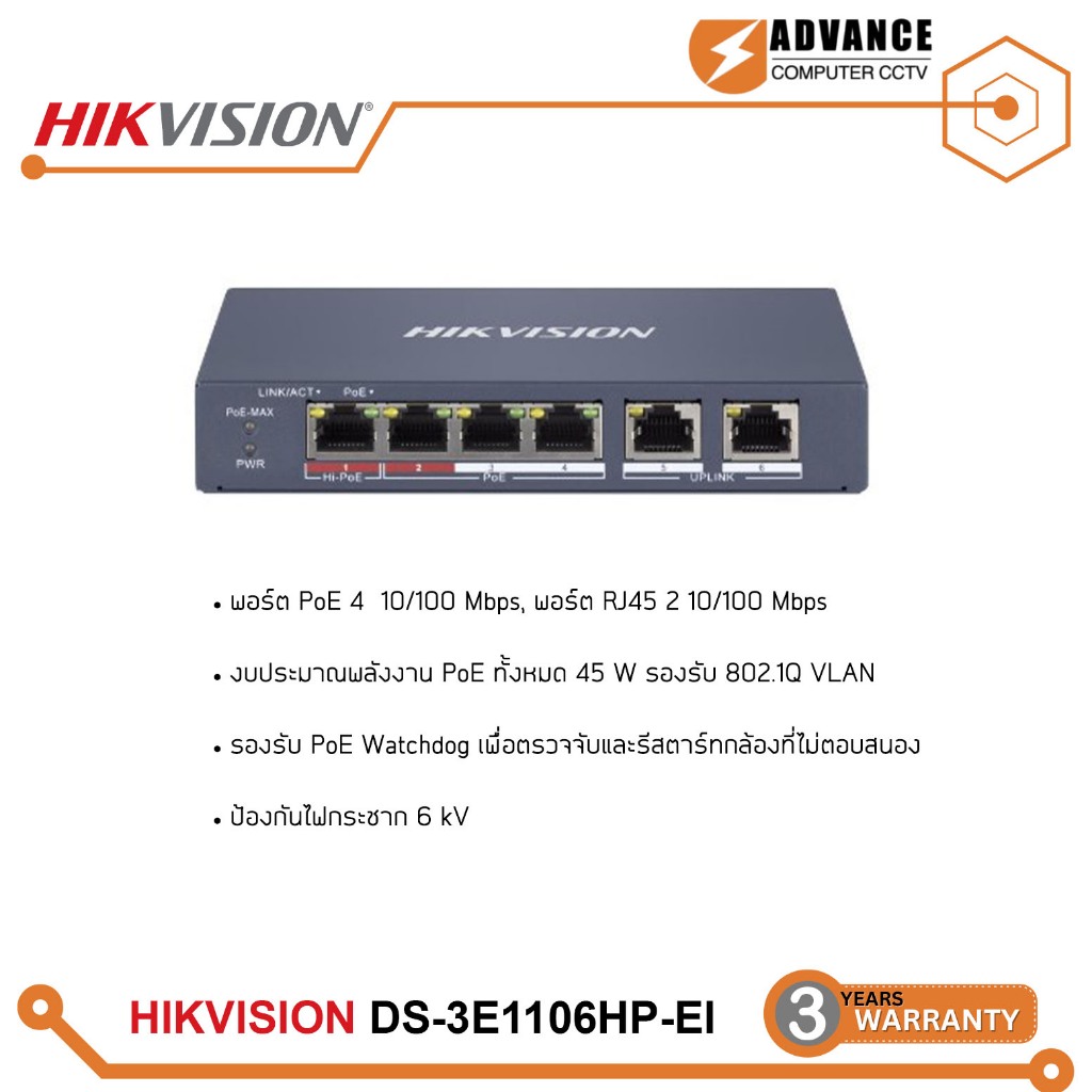 HIKVISION DS-3E1106HP-EI Smart PoE Switch จำนวน 4+2 ช่อง 10/100MB PoE,Uplink (Smart Managed) (รับประ