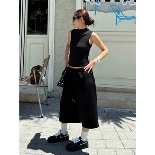 [Trendy wide leg cropped pants]วินเทจสูงถนนผู้หญิงสบาย ๆ กีฬาเทรนด์กว้างขากางเกงคาปรี