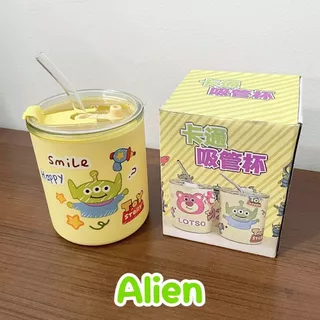 แก้วน้ำลายการ์ตูน 350 ml. มีฝาปิดกันฝุ่น กันหก พร้อมหลอดแก้ว แบบมีกล่องใส่ มอบเป็นของชำร่วย ของขวัญได้ ส่งจากไทย!!!
