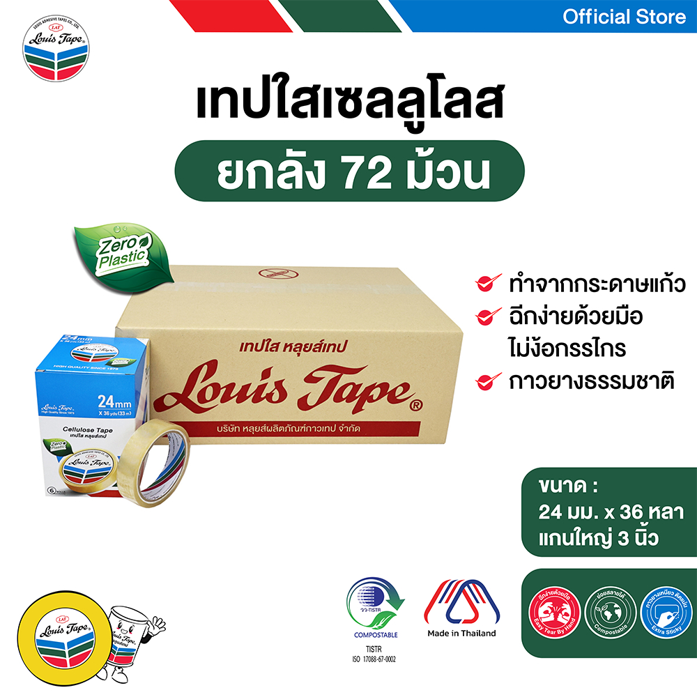 LOUIS TAPE เทปใส เทปใสเซลลูโลส  24 มม. x 36 หลา แกน 3 นิ้ว (แกนใหญ่) ( 72ม้วน/ลัง)