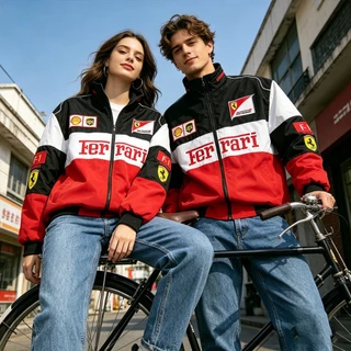 [พร้อมส่ง]Ferrari F1 เสื้อแจ็กเก็ตรถแข่งย้อนยุค เสื้อโค้ทแขนยาวผู้หญิง ปักลายงานสวย ผ้าหนานุ่ม มีซิปใส่ได้ทั้งชายและหญิง