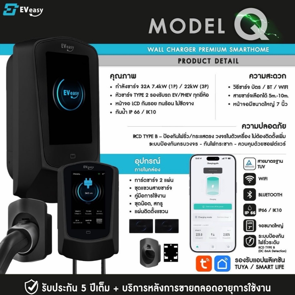 พร้อมส่ง ประกัน 5 ปี New Q Model EV easy 7.4KW 2025 premium Smart home จอ 7" มาพร้อม RCD Type B
